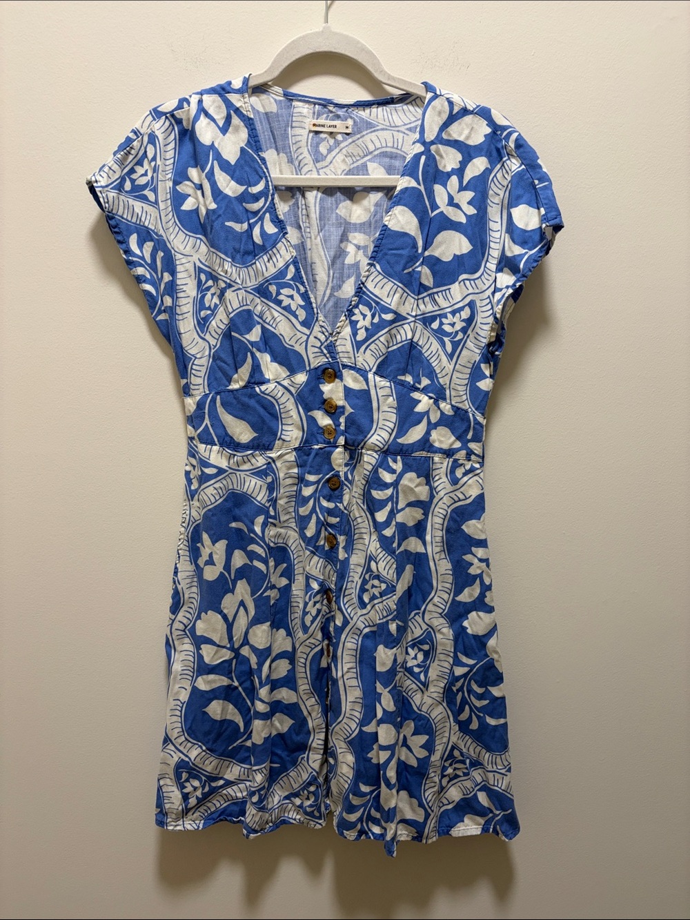 Women's MARINE LAYER Camila Dress Blue/White w/Buttons/Pockets- Size M